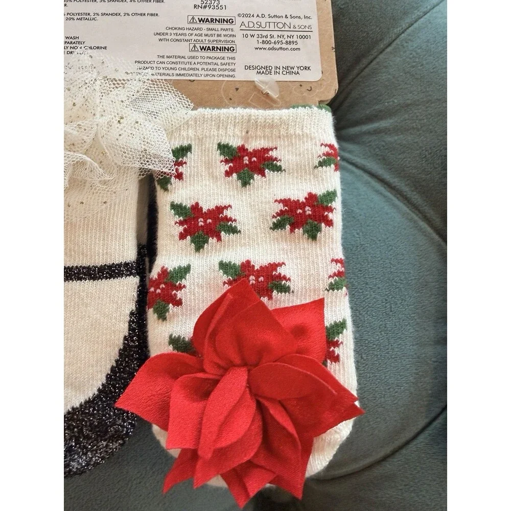 Baby Essentials 4 Pair Socks Assorted Colors 0-12 Months Girls Holiday Christmas
